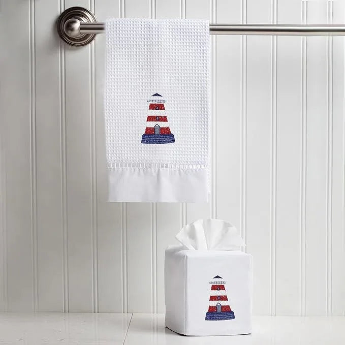 Jacaranda Living Square Tissue Box Cover, Linen/Cotton Fabric Tissue Holder, Decorative Cloth Tissue Cube Cover, Coastal Designs Lighthouse (Red/White) - ModernBath