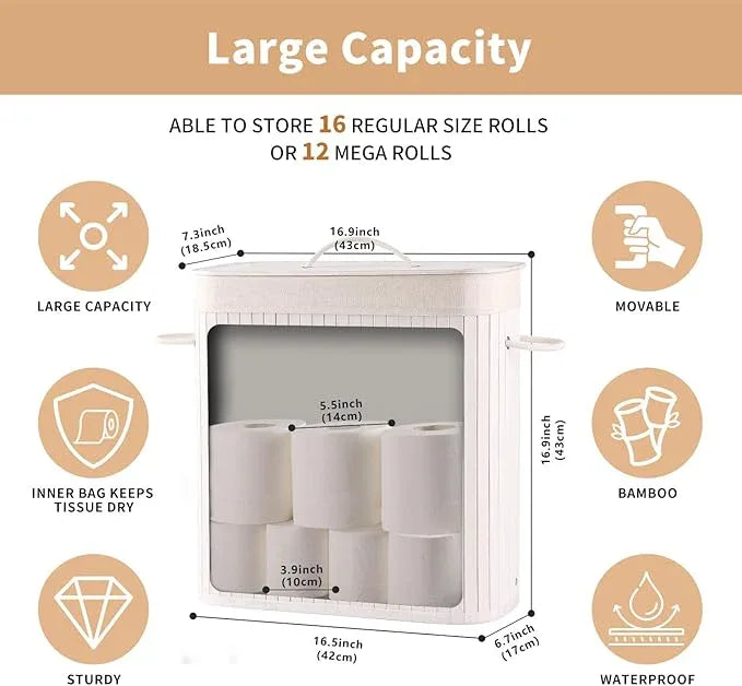 Bamboo Toilet Paper Storage with Lid & Handel, 8 Gallons (30L), Sturdy Toilet Paper Basket, Organizer for Bathroom, Kitchen, Holder with Storage, White - ModernBath