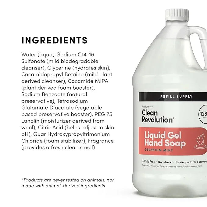 Clean Revolution Liquid Gel Hand Soap, Silky Rich Liquid, Quick Lather, Fast Rinsing, Contains Real Essential Oils (Geranium Mint) 128 Fl Oz - ModernBath