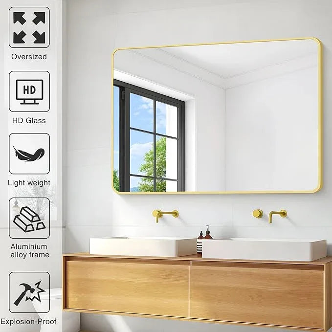 CIVENO 36"x48" Bathroom Mirror, Gold Rectangle Mirror, Large Rectangular Wall Mirror, Rounded Corner Vanity Mirror with Aluminum Metal Frame for Bathroom Bedroom Living Room Horizontal/Vertical - ModernBath