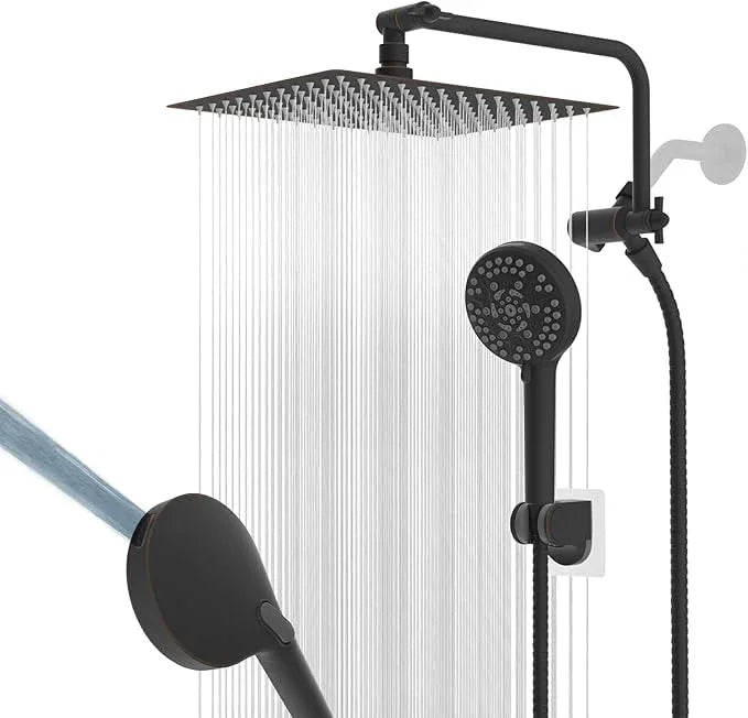 12" All Metal Shower Head, High Pressure 10-Spray Handheld Showerhead Rainfall Shower Head Combo with 11" Adjustable Shower Extension Arm, 71" Hose, Shower Head Holder, Oil Rubbed Bronze - ModernBath