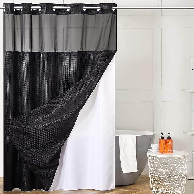 Furlinic No Hook Hotel Shower Curtain with Detachable Liner,Heavy Duty Waffle Weave Textured Fabric Bathroom Curtain with See Through Window,Waterproof & Machine Washable,Black,71x78 Inch - ModernBath