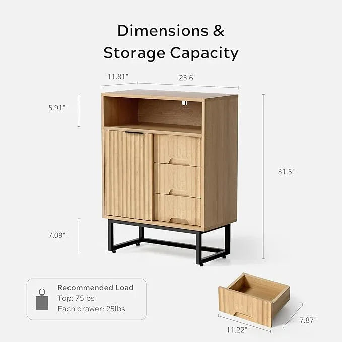 Fluted Bathroom Floor Cabinet with Sliding Door, Modern 3 Drawers Storage Organizer with Black Metal Base Adjustable Shelf Wood Storage Cabinet Freestanding for Bathroom Kitchen Dining Room - ModernBath