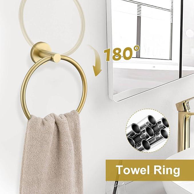 5 Pieces Brushed Gold Towel Bar Set, Upgraded Round Bathroom Hardware Accessories Set, Toilet Paper Holder Towel Holder Set for Bathroom Stainless Steel Wall Mounted 23.6Inch - ModernBath