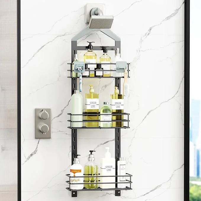 Orimade Adjustable Anti-slip Shower Caddy over Head, Rustproof Bathroom Hanging Shower Organizer with 2 Hooks for Razor, No Drilling Shower Shelves Storage Rack 3 Tier, Grey - ModernBath