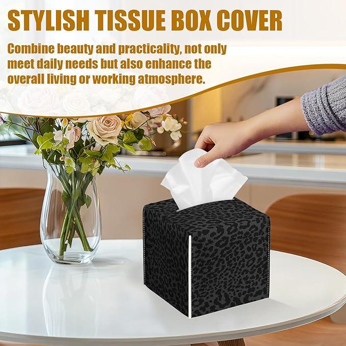 Black Leopard Tissue Box Cover 2PCS, Leather Tissue Box Holder Square Facial Paper Case Tissue Box Cube Organizer for Bathroom Bedroom Desk Office - ModernBath