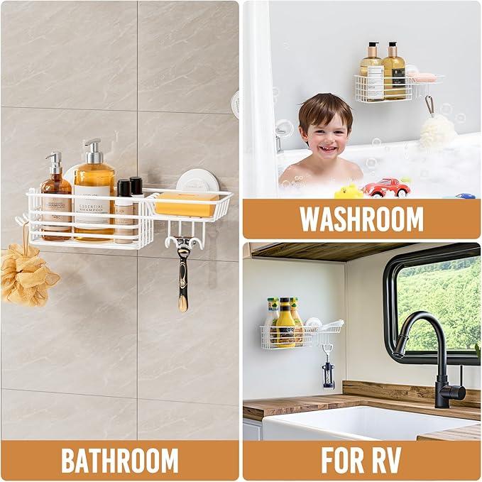 LEVERLOC Shower Caddy Suction Cup, Heavy Duty Bathroom Organizer for Inside Shower with Hooks & Soap holder, NO-Drilling Bathroom Holder-White - ModernBath