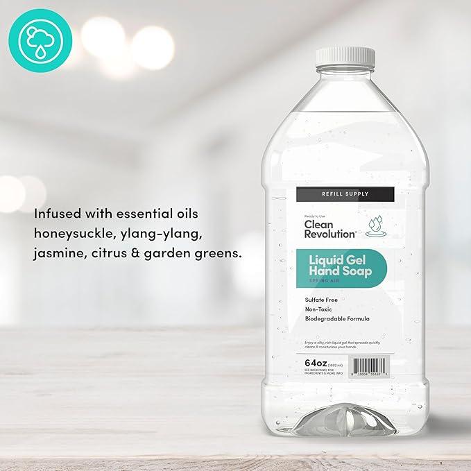 Clean Revolution Liquid Gel Hand Soap, Silky Rich Liquid, Quick Lather, Fast Rinsing, Contains Real Essential Oils (Spring Air) 64 Fl Oz - ModernBath