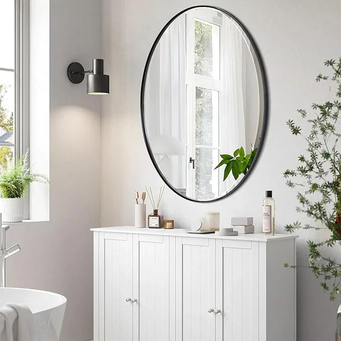 POZINO Oval Beveled Mirror, 24"x36" Bathroom Vanity Mirror for Over Sink, Matte Black Modern Rounded Wall Mirror for Living Room Entryway Bedroom Hallway Fireplace, Hangs Horizontal Or Vertical - ModernBath