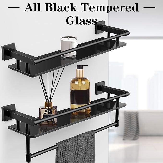 Glass Shelf for Bathroom 20 Inch Bathroom Shelves with Towel Bar, Tempered Glass Shelves with Stainless Steel Towel Holder for Wall Shelf Sink Over Toilet (Brushed Gold Finish) - ModernBath