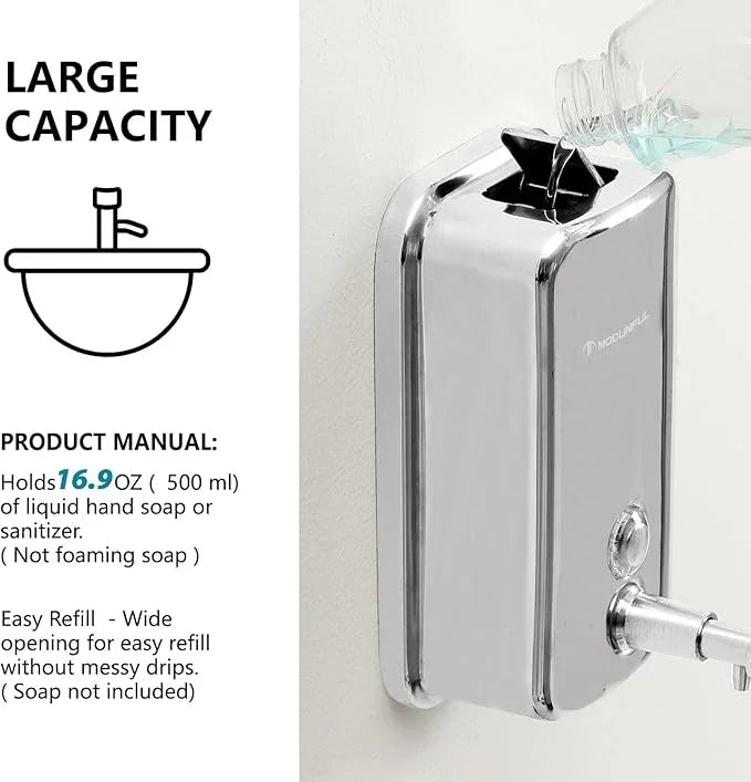 Stainless Steel Soap Dispenser for Home – 16.9oz Wall Mount, Anti-Leak Pump, Brushed Nickel Finish, Space-Saving Design for Kitchen & Bathroom - ModernBath