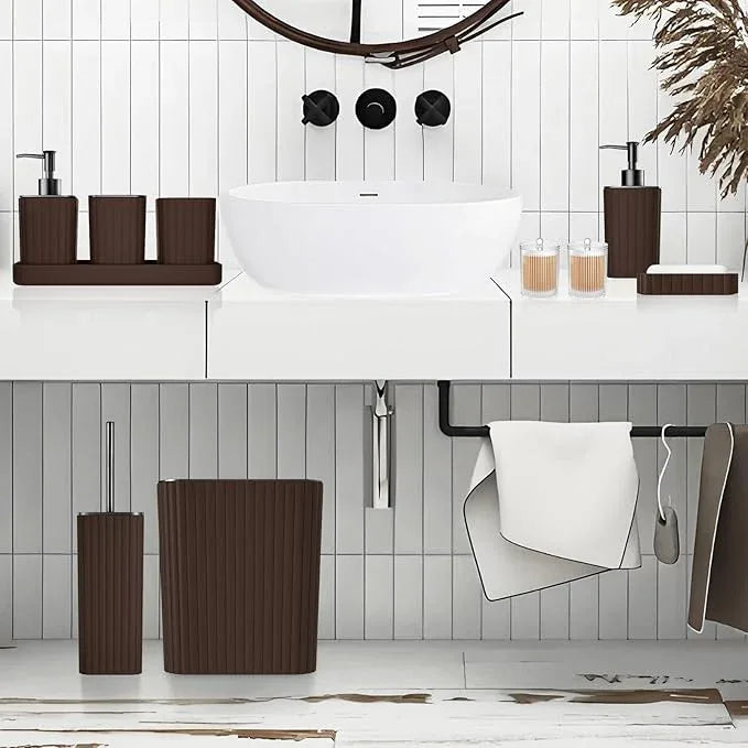 XLHOMO Bathroom Accessories Set - Gorgeous Bathroom Set, 10PC Brown Bathroom Accessories, Bathroom Accessory Set, Toilet Brush, Trash Can, Qtip Holder Dispenser & Soap Dispenser - ModernBath