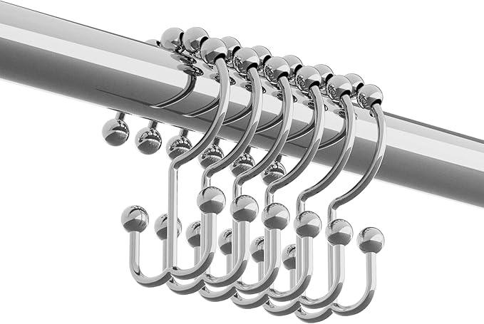 Zenna Home Shower Curtain Hooks, Chrome, Set of 12 – Premium Shower Curtain and Liner Rings with Double Roller Glide and Double-Sided Design – Rust Resistant - ModernBath