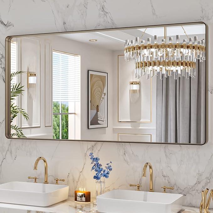 LOAAO 60”X30” Bronze Bathroom Mirrors for Vanity, Rounded Rectangle Brushed Bronze Metal Frame Mirror, Anti-Rust, Tempered Glass, Hangs Horizontally or Vertically - ModernBath