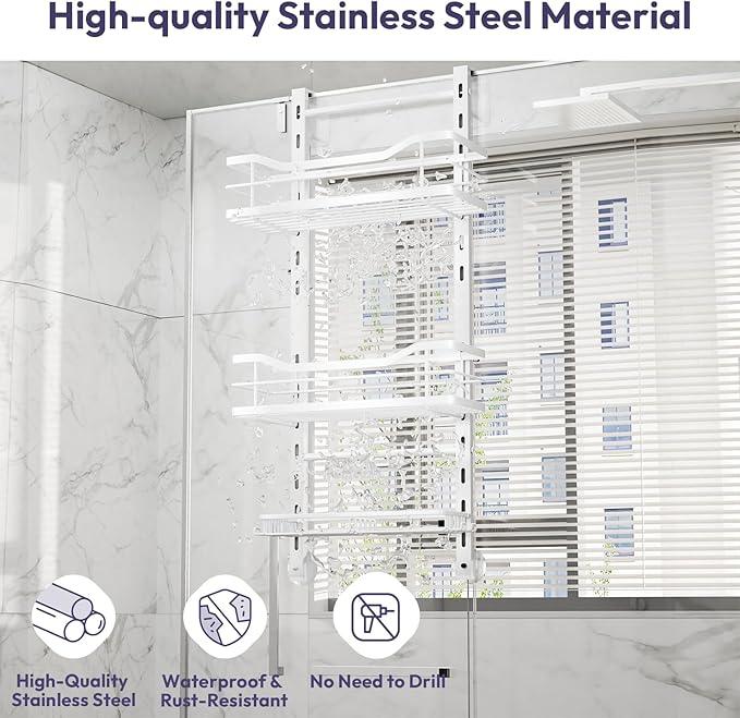 SWTYMIKI Over the Door Shower Caddy - 3 Tier Adjustable Shower Organizer Hanging with Soap Holder, No Drilling Stainless Steel Bathroom Hanging Caddy for Body Wash, Shampoo, Soap, Razor, White - ModernBath