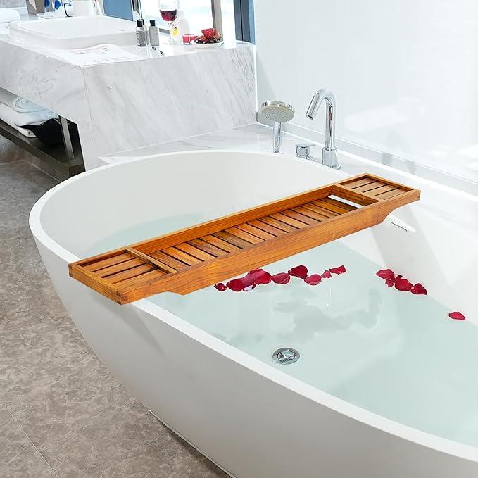 VaeFae Teak Bathtub Tray, Wooden Bath Caddy for Bathtub, Bath Tub Wood Table for Tub - ModernBath