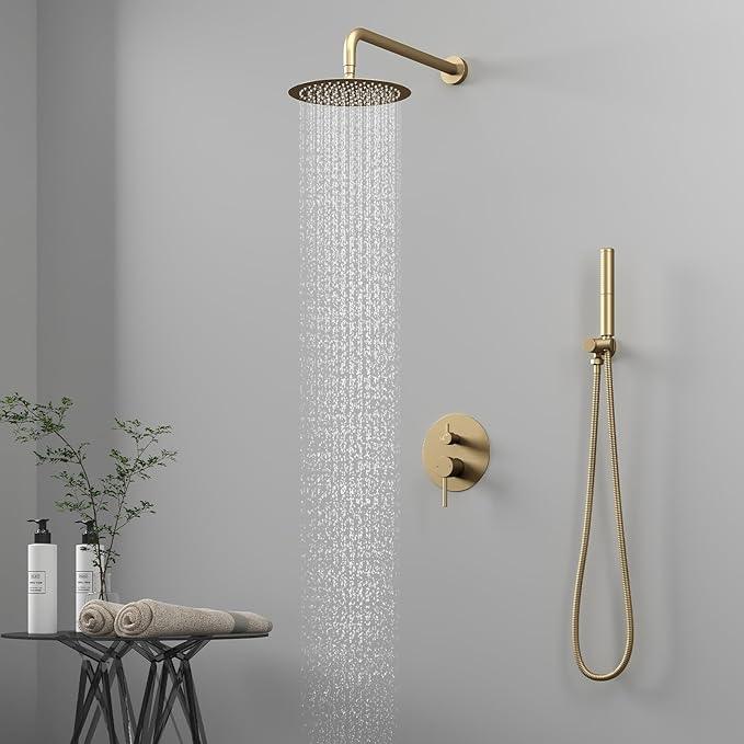 BESy Shower System with 10 Inch Round Rain Shower Head and Handheld Wall Mounted, High Pressure Rainfall Shower Faucet Fixture Combo Set with 2 in 1 Handheld Showerhead for Bathroom, Brushed Gold - ModernBath