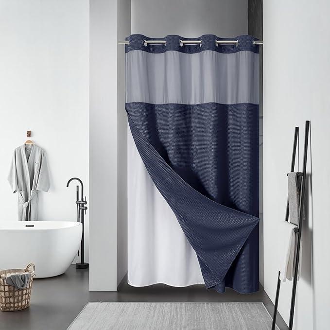 eachope Navy No Hook Waffle Weave Shower Curtain with snap-in Liner Replacement, 230GSM Waterproof Fabric Hotel Shower Curtain Set for Bathroom, Through Mesh Top Window,54Wx80H - ModernBath