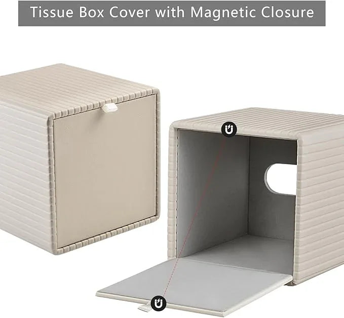XNONE PU Leather Tissue Box Cover Square Tissue Box Holder for Bathroom Vanity Countertop Night Stands Bedroom Office Desk,Modern Tissue Decorative Organizer with Magnetic Closure (Beige) - ModernBath