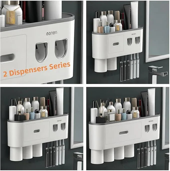 Celsitudo No-Drill Wall Mounted Toothbrush Holder, Bathroom Shelf, with Automatic Toothpaste Dispensers 6 Brush Hooks Magnetic Cups 1 Cosmetic Drawer Organizer and Large Storage (2 Dispensers 2 Cups) - ModernBath
