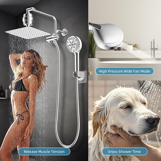 Filtered Shower Head, 10" High Pressure 10-Spray Handheld/Rainfall Shower Head Combo with 20 Stage Shower Filter, 11" Shower Extension Arm, 71" Hose, Shower Head Holder, Chrome - ModernBath