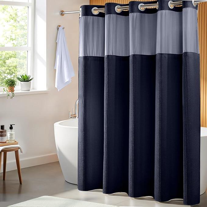 River Dream Navy Blue Fabric Shower Curtain Set, Cotton Blend, Waffle Weave, with Snap in Replacement Liner，71 x 74 inches - ModernBath