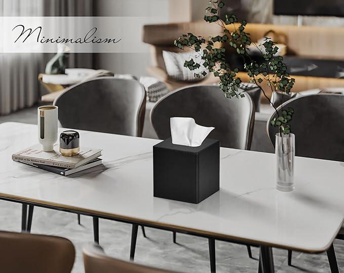 GOLRANLYE Tissue Box Cover Square PU Leather Facial Tissue Box Holder for Dresser Bathroom Decor (Black) - ModernBath