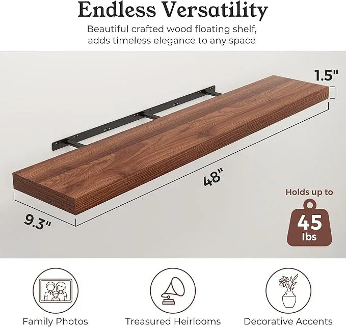 Floating Shelves for Wall, Wall Mounted Rustic Wood Shelves for Bathroom, Bedroom, Living Room, Kitchen, Hanging Shelf for Books/Storage/Room Decor (Walnut, 48") - ModernBath