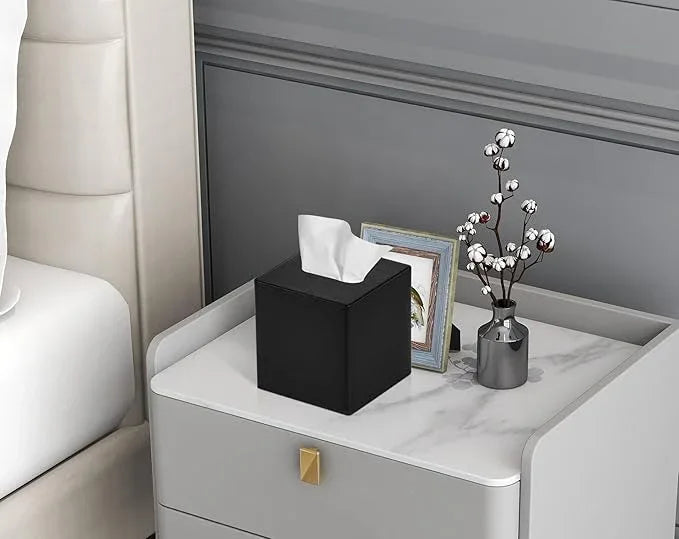 GOLRANLYE Tissue Box Cover Square PU Leather Facial Tissue Box Holder for Dresser Bathroom Decor (Black) - ModernBath
