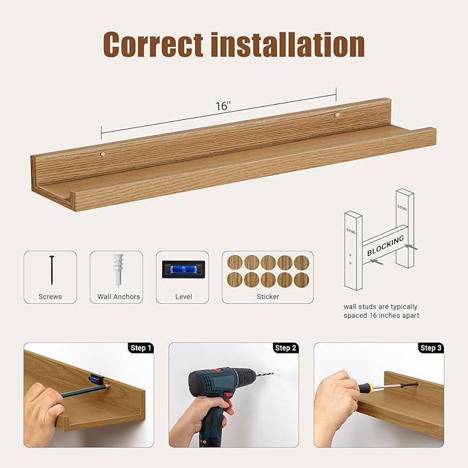 Heimlove Floating Shelves Set of 6, 24" Wall Mounted Picture Ledge, Display Shelf Organizer for Decor Storage, Wall Mounted Shelves for Living Room, Bedroom, Bathroom, Kitchen (Oak) - ModernBath