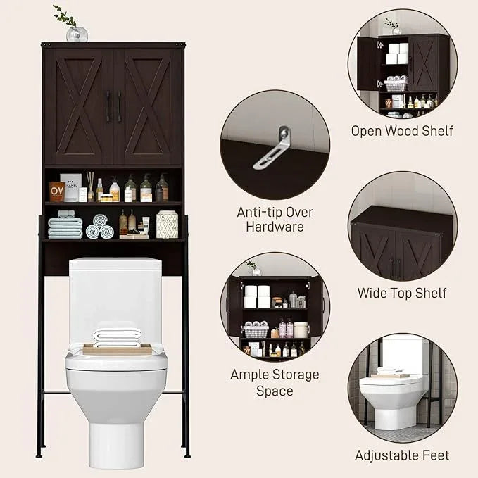 Vabches Over The Toilet Storage Cabinet, Farmhouse Over Toilet Storage Cabinet, Metal Frame with Barn Doors, Home Space-Saving Toilet Rack for Bathroom, Toilet, Laundry Room - ModernBath