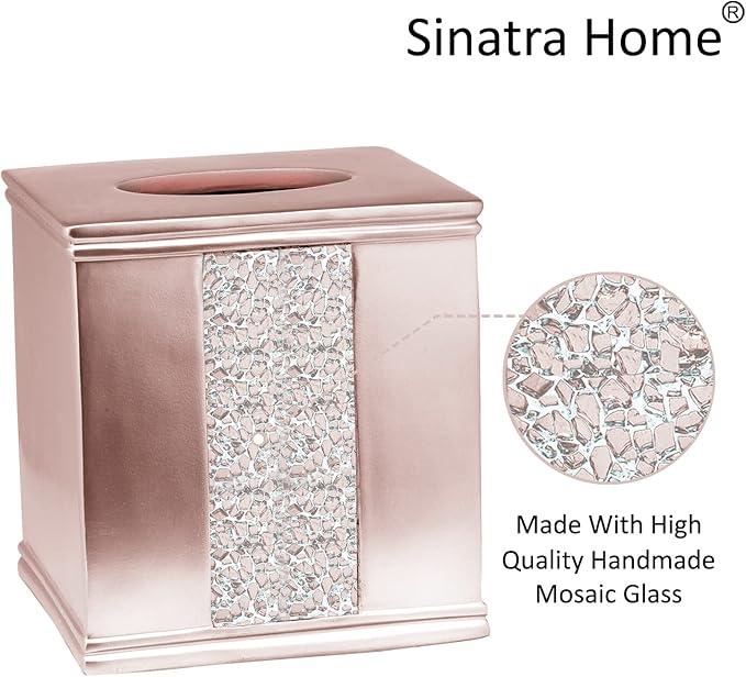 Zahari Home 2pc Sinatra Modern Bath Accessories Set Waste Basket & Tissue Box Modern Decorative Beautiful Designs Bathroom Decor Set for Home Blush Bathroom Set Mosaic Glass - ModernBath