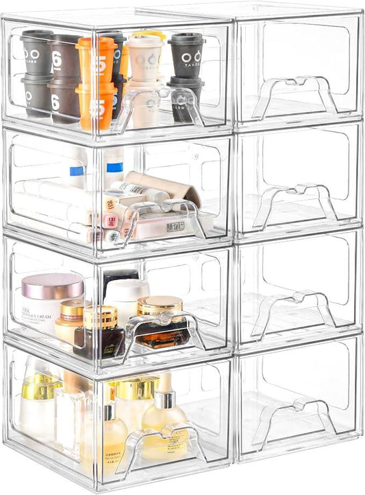 Stebopum 8 Pack Stackable Makeup Organizer, 4.4'' Tall Acrylic Bathroom Makeup Organizer and Storage Drawer with Pull-out Handle, Clear Plastic Storage Bins for Vanity,Pantry,Desk,Undersink,Kitchen - ModernBath