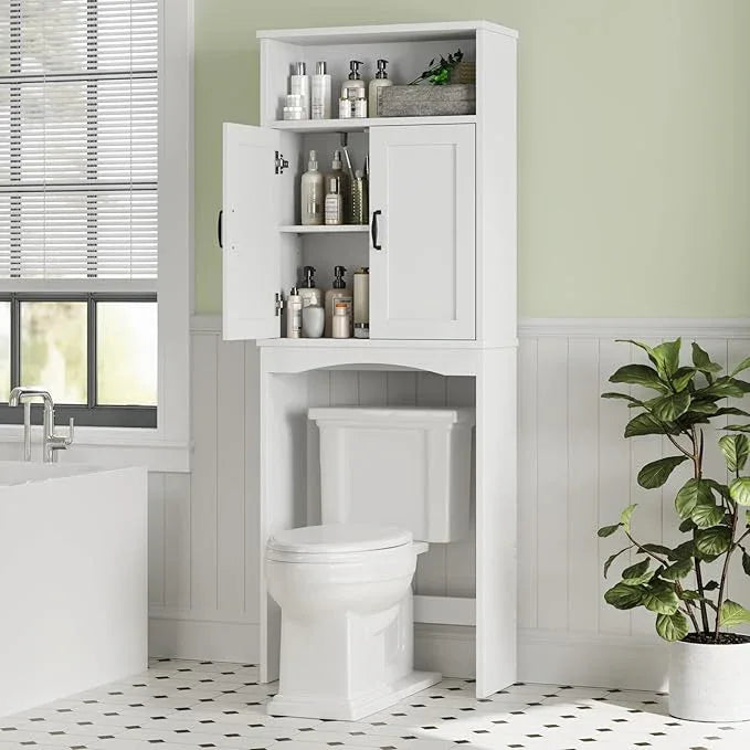 Over The Toilet Storage Cabinet, Over Toilet Bathroom Organizer with Adjustable Shelf and Double Doors, Space Saver Shelf Above Toilet Storage Cabinet (White) - ModernBath
