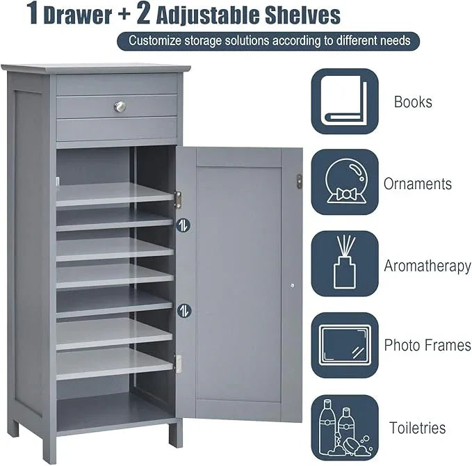 Tangkula Bathroom Floor Cabinet, Wooden Side Storage Cabinet, Freestanding Single Door Bathroom Cabinet with Large Drawer & 2 Adjustable Shelves for Living Room Kitchen (Grey) - ModernBath