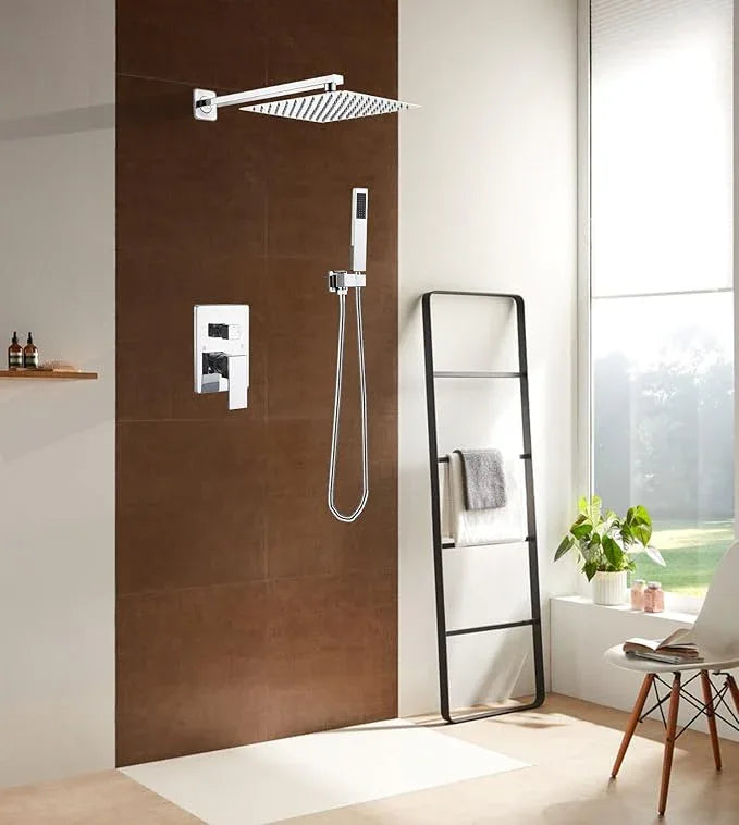 JingGang Polished Chrome Shower System 10 Inch Bathroom Luxury Rain Mixer Shower Combo Set Wall Mounted Rainfall Shower Head and Handheld System Shower Faucet Rough-in Valve Body and Trim Kit - ModernBath