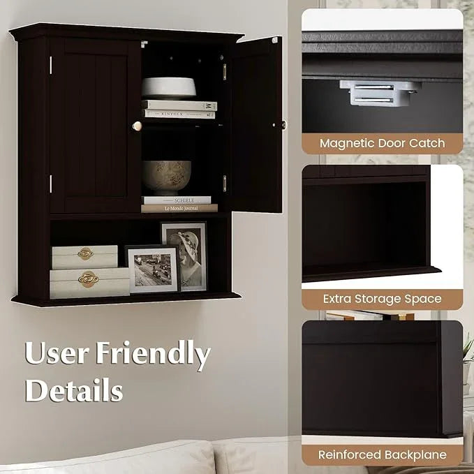 Giantex Wall Mounted Medicine Cabinets - Above Toilet Bathroom Cabinet with Adjustable Shelf, Open Shelf, Over The Toilet Space Saver Storage Cabinet for Laundry Room, Kitchen, Cupboard (Brown) - ModernBath