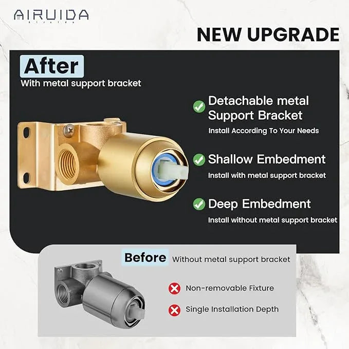 Airuida Shower Faucet Set Bathroom Rain Shower System 8 Inch Square Showerhead Single Function 1 Handle Trim Kit with Female Thread Rough-in Valve Cover Plate with H and C Labels Brushed Gold - ModernBath
