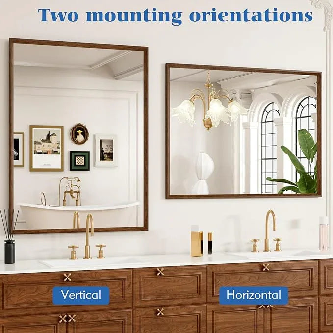 JISOSO Rectangle Bathroom Mirror 30x36 Inch, Walnut Wood Grain Framed, Anti-Rust & 4mm Tempered Glass, Horizontal/Vertical Hanging Vanity Mirror for Bathroom & Bedroom - ModernBath