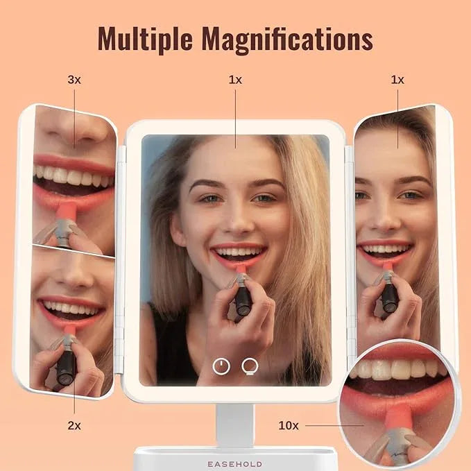 EASEHOLD Lighted Makeup Mirror with Magnification, Makeup Mirror with ligths, 2X 3X 10X Magnifying, Rechargable LED Mirror with 3 Colors Lights for Makeup Desk, Gifts for Women - ModernBath