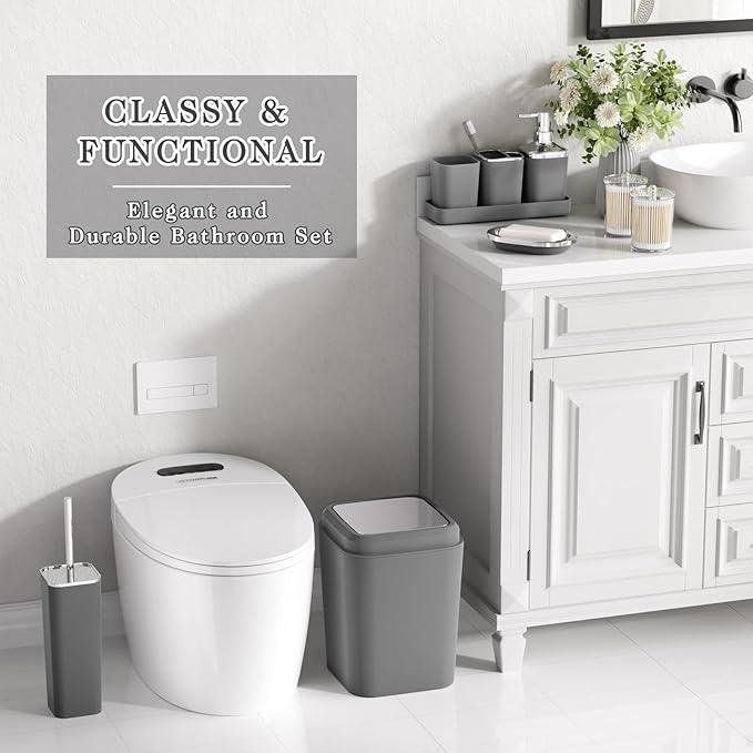 XLHOMO Grey Bathroom Accessories Set, Bathroom Sets with Shower Curtain and Rugs, Trash Can, Tray, Soap Dispenser, Soap Dish, Toothbrush Holder, Toothbrush Cup,Toilet Brush and Qtip Holders for Home - ModernBath