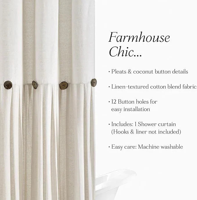 Lush Decor Linen Button Shower Curtain, 72" W x 78" L, Off White - Extra Long Shower Curtains - White Shower Curtain Fabric - Farmhouse Bathroom Decor - ModernBath
