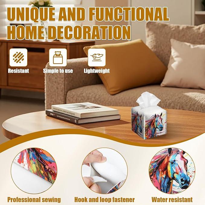 Colorful Horse Tissue Box Cover 2PCS, Animals Leather Tissue Box Holder Square Facial Paper Case Tissue Box Cube Organizer for Bathroom Bedroom Desk Office - ModernBath