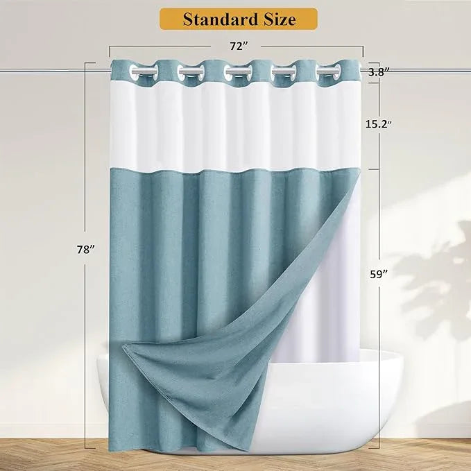 Jowels No Hooks Needed Linen Shower Curtain and Liner Set,Blue Hotel Luxury Decor Shower Curtains for Bathroom with See Through Top Window,Water Resistant Fabric,72Wx78L,Blue - ModernBath