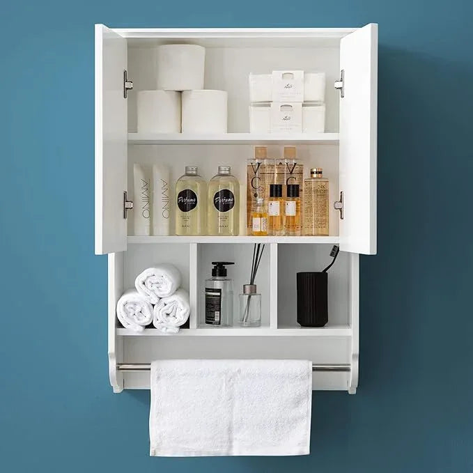White Bathroom Wall Cabinet with Towel Bar,Wooden Medicine Cabinet Adjustable Shelves,23x32 Inch Kitchen Cabinet,Over Toilet Storage Cabinet for Bathroom,Kitchen,Laundry - ModernBath