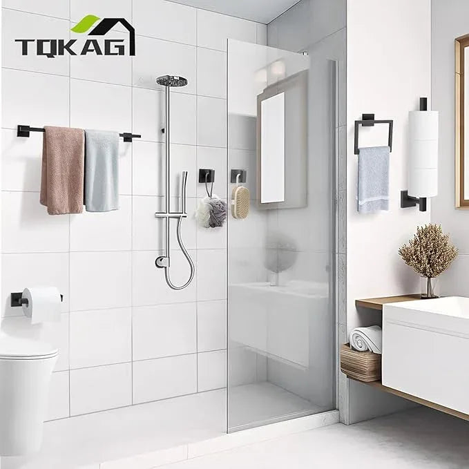 TQKAG 7-Pieces Matte Black Bathroom Hardware Accessories Set 23.6" SUS304 Stainless Steel Towel Bar Set Toilet Paper Spare Rolls Storage Holder Wall Mounted - ModernBath