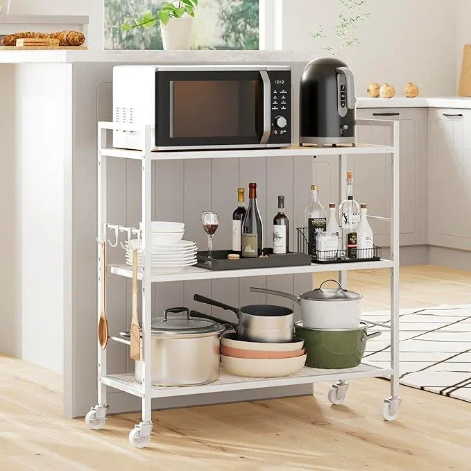 3-Tier Metal Storage Rack with Industrial Wheels,Mesh Shelving Unit with Wooden Table top,Adjustable Shelf,31.5-Inch Width, for Kitchen, Laundry,Pantry,Plant,Oak panel and white frame - ModernBath