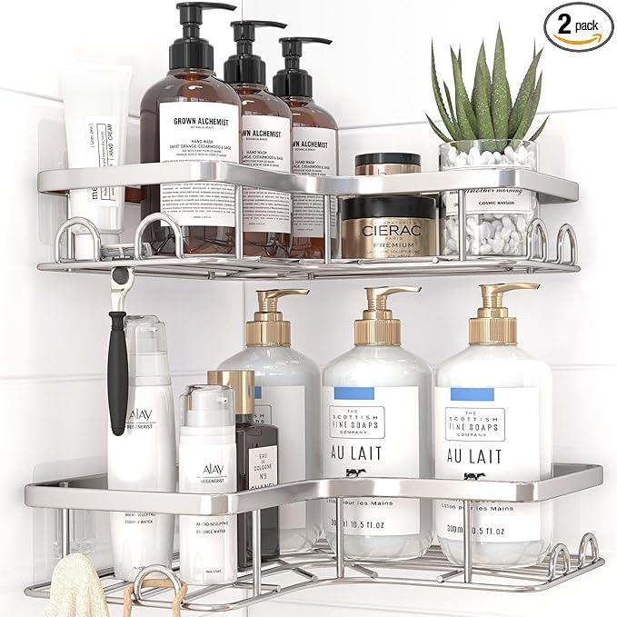 Corner Shower Caddy - 2 Pack, Adhesive Shower Organizers, Rustproof Stainless Steel Shower Shelves with 8 Hooks, No Drilling Bathroom Organizers and Storage Racks, Space-Saving, Silver, Medium - ModernBath