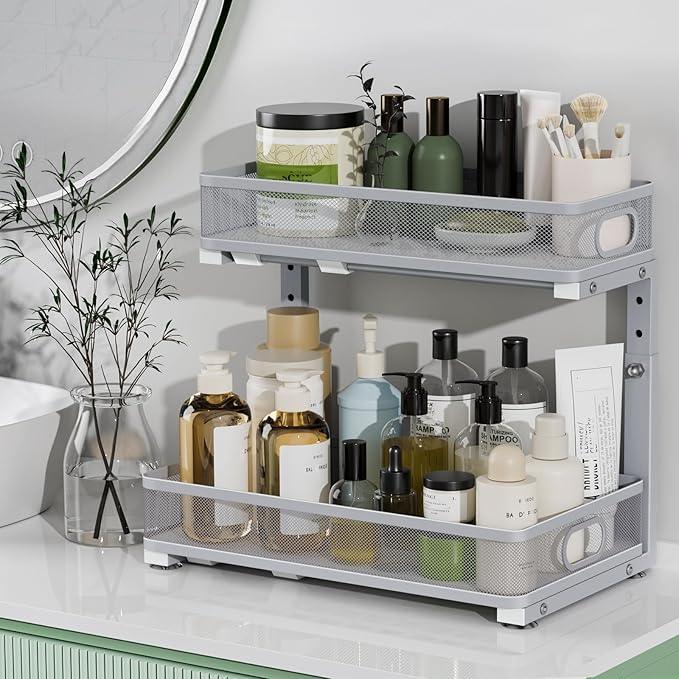 Under Sink Organizer, High Adjustable 2 Tier Under Sink Organizers and Storage, Slide Out Metal Cabinet Organizers, Pull Out Sink Storage Drawer Shelf for Kitchen Bathroom Cabinet, Grey, 2 Pack - ModernBath