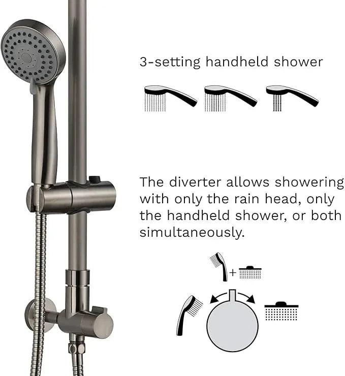 Fennocasa Polaris 1 Rain Shower System, includes 8” Rainfall Shower Head with High Pressure Handheld Combo, 3-Setting Handheld Spray, Height Adjustable Spray Holder, 60” Hose (Brushed Nickel) - ModernBath